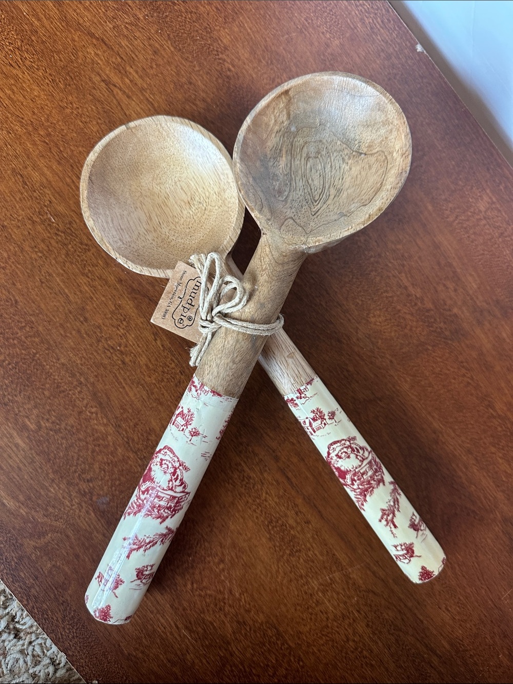 Mud Pie Wooden Serving Spoons with Red Toile Handles